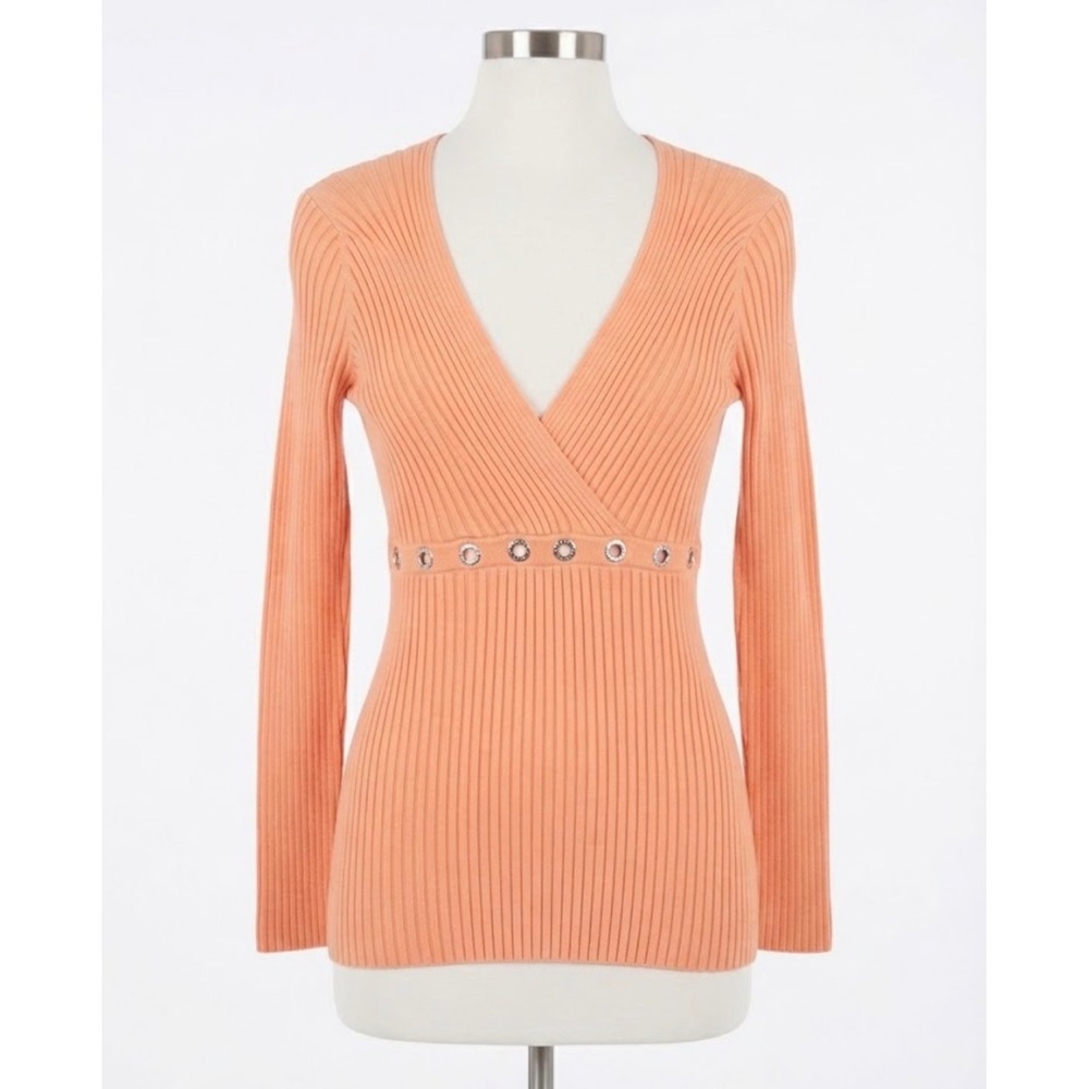 Y2K Silk Blend Ribbed V-Neck Sweater Top Peach Orange Grommet Rhinestone Medium